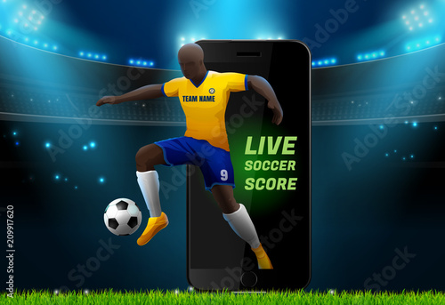 soccer player with field stadium background and mobile live