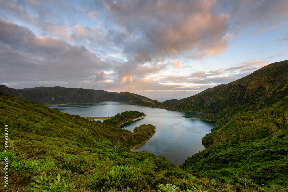 Panoramic landscape from Azores lagoons. The Azores archipelago has volcanic origin and the island of São Miguel has many lakes formed in craters of ancient volcanoes. 