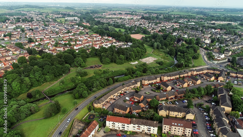 Low level aerial image of the town of Kirkintilloch in Scotland.