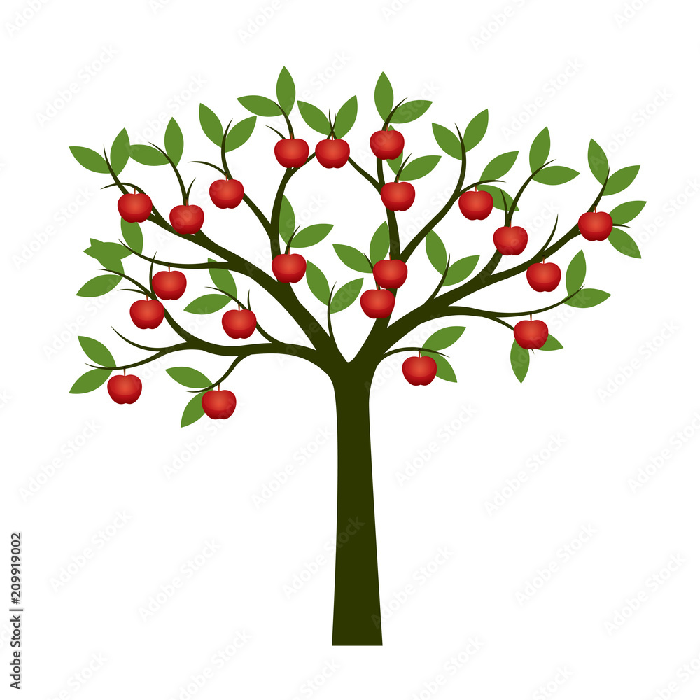 Naklejka Zielone drzewo i czerwone jabłko. Ilustracja wektorowa