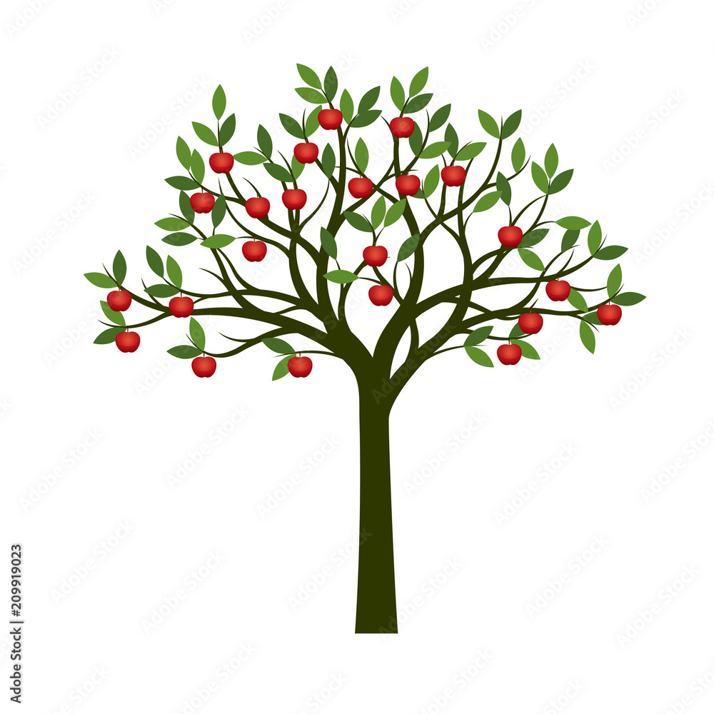 Green Tree and red apple fruits. Vector Illustration.