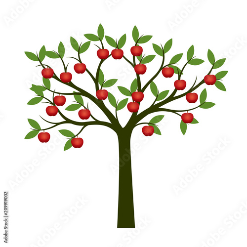 Green Tree and red apple fruits. Vector Illustration.