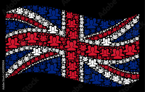 Waving UK state flag on a black background. Vector users items are organized into geometric British flag abstraction. Patriotic composition composed of users elements.