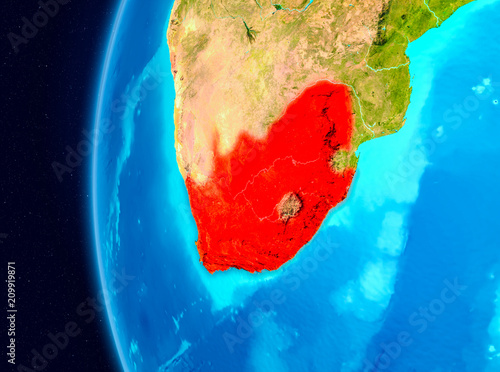 Space view of South Africa in red