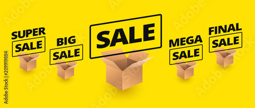 Sale yellow banner background - delivery cardboard boxes icons on yellow background