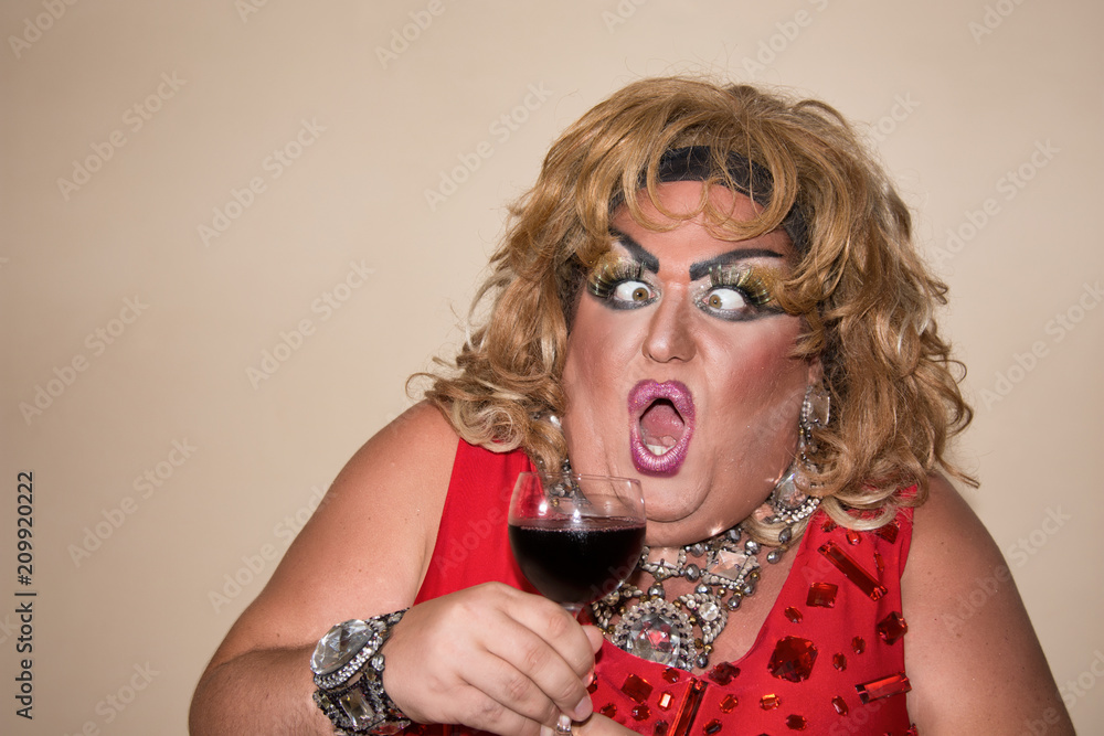 Funny fat woman and red wine. Stock Photo | Adobe Stock