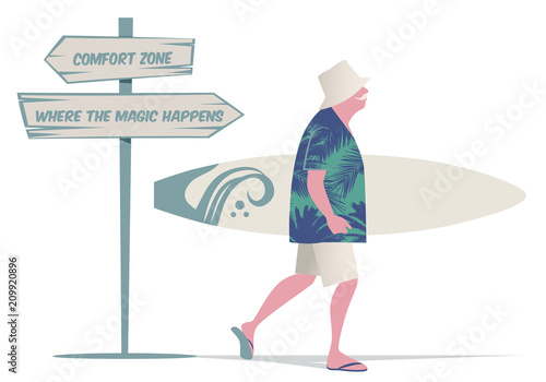 Senior man with hat, tropical shirt and bermuda shorts, walking with a surfboard. Wooden sign post with motivational message. Isolated on white background.