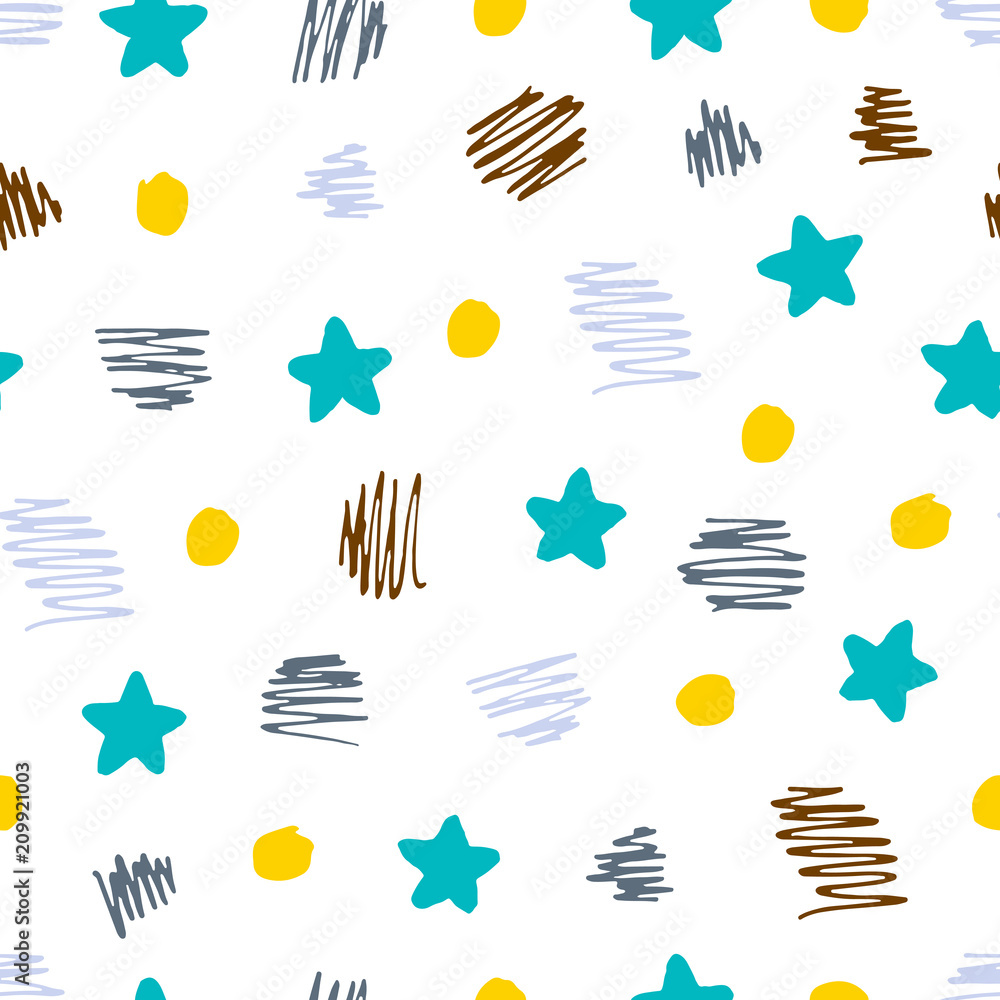 Fototapeta premium Hand drawn seamless pattern of stars, scribbles and dots.