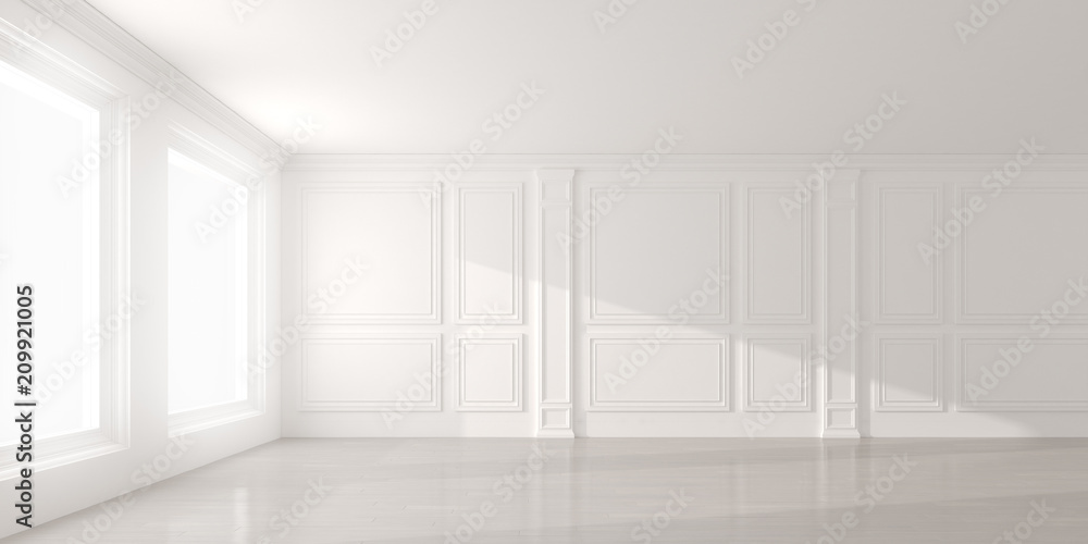 Perspective of the sun light cast the shadow on white empty room and  laminate wood floor,classic interior style.blank space architecture.3d rendering