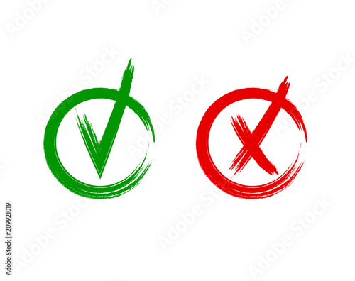 Vector Tick and Cross Icons, Grunge Scribble Lines Freehand Drawings, Green and Red Colored Signs.
