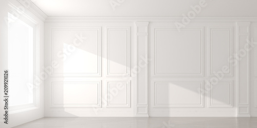 Perspective of the sun light cast the shadow on white empty room and laminate wood floor,classic interior style.blank space architecture.3d rendering