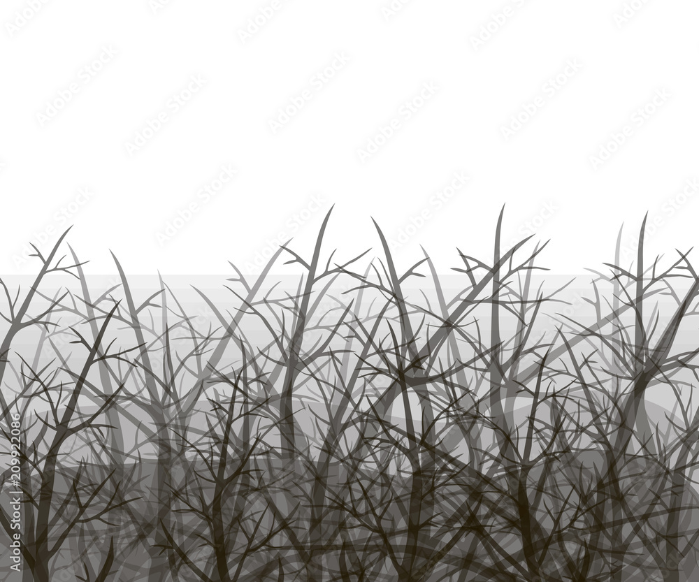 Crossed tree branches against a gray fog background vector depressed sad gray background isolated on a white background.