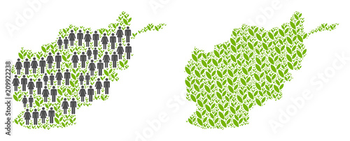 People population and flora Afghanistan map. Vector pattern of Afghanistan map composed of randomized people couple and grass elements in different sizes.