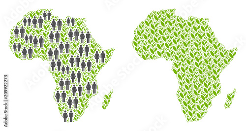 People population and flora plants Africa map. Vector abstraction of Africa map constructed of randomized man and woman and agriculture items in various sizes.