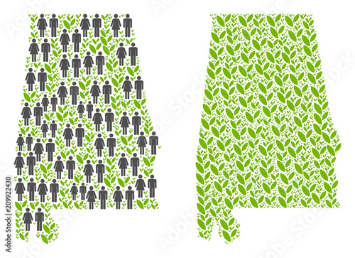 People population and ecology Alabama State map. Vector concept of Alabama State map done of randomized gender and blossom elements in different sizes.