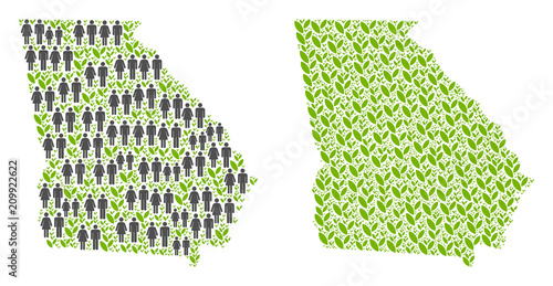 People population and eco American State Georgia map. Vector pattern of American State Georgia map organized of randomized crowd and plantation items in different sizes.