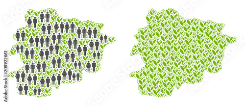 People population and eco Andorra map. Vector abstraction of Andorra map made of randomized people couple and flora elements in different sizes. Abstract social scheme of national mass cartography.