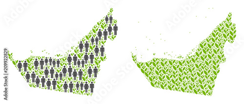 People population and eco Arab Emirates map. Vector pattern of Arab Emirates map done of random men and woman and agriculture elements in different sizes.