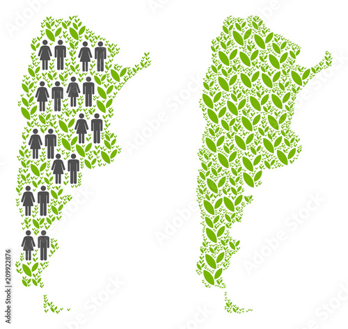 People population and ecology Argentina map. Vector abstraction of Argentina map made of scattered people couple and agriculture elements in variable sizes.
