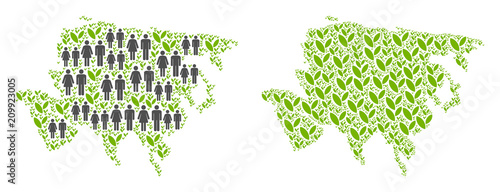 People population and environment Asia map. Vector mosaic of Asia map organized of random men and woman and blossom items in various sizes. Abstract social presentation of national mass cartography.