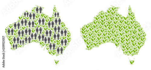 People population and environment Australia map. Vector composition of Australia map formed of scattered lady and gentleman and grass items in different sizes.