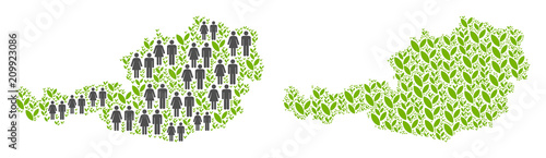 People population and eco Austria map. Vector concept of Austria map constructed of randomized men and woman and blossom elements in various sizes.