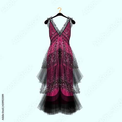Fancy dress with rhinestones. Celebrity dress.Luxury dress. Fashion vector illustration