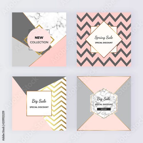 Modern geometric social media banners with triangles shapes, marble texture background and golden lines. Square template for design card, flyer, invitation, wedding, email, web, website, phone