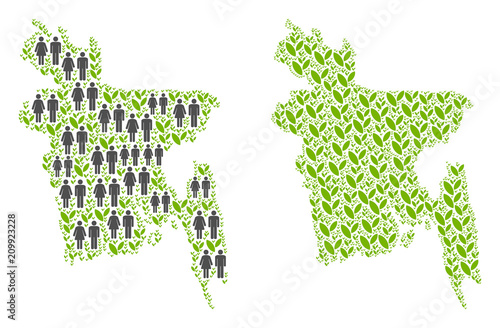People population and eco Bangladesh map. Vector mosaic of Bangladesh map created of random human and agriculture items in various sizes. Abstract social visualization of nation mass cartography.