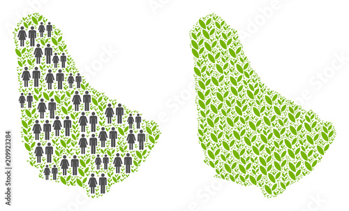 People population and green plants Barbados map. Vector abstraction of Barbados map composed of randomized gender and sprout items in different sizes.