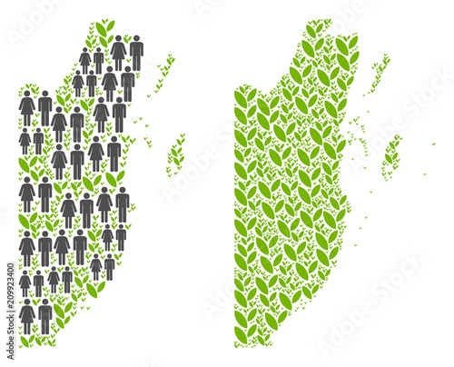 People population and eco Belize map. Vector concept of Belize map done of randomized person and blossom items in various sizes. Abstract social representation of nation public cartography.