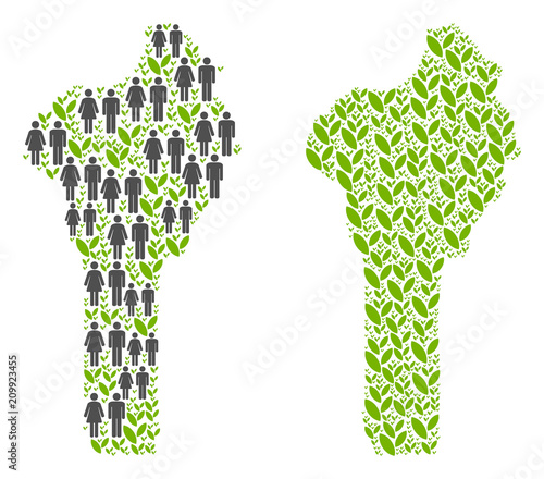 People population and floral Benin map. Vector composition of Benin map done of scattered people couple and sprout items in different sizes. Abstract social visualization of national mass cartography.