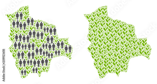People population and flora Bolivia map. Vector collage of Bolivia map designed of random crowd and plantation elements in variable sizes.