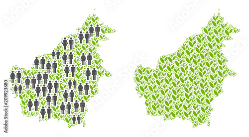 People population and flora Borneo Island map. Vector composition of Borneo Island map formed of randomized lady and gentleman and plantation elements in different sizes.