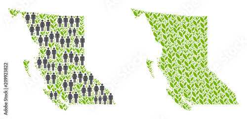 People population and flora British Columbia Province map. Vector concept of British Columbia Province map designed of random men and woman and sprout elements in different sizes.