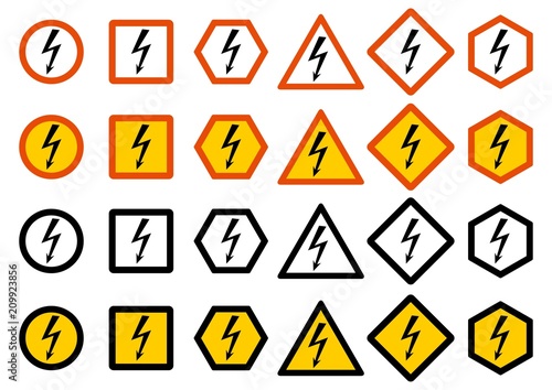 Free Download Industry concept. Set of different warning signs: chemical, radioactive, dangerous, toxic, poisonous hazard. Danger sign from electricity and lightning. High voltage. Vector illustration. - GFXLoad