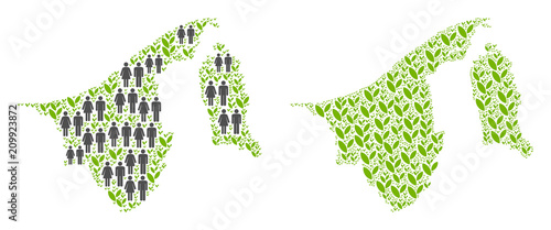 People population and flora Brunei map. Vector mosaic of Brunei map constructed of scattered lady and gentleman and sprout items in different sizes.