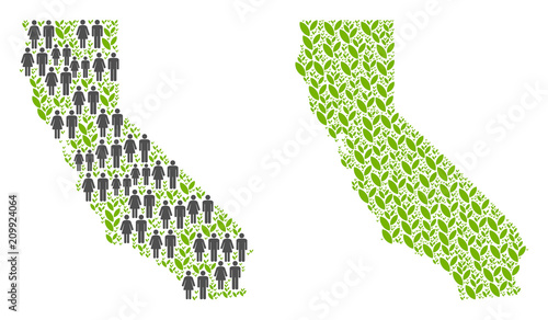 People population and ecology California map. Vector collage of California map created of randomized man and woman and plant items in variable sizes. Abstract social plan of nation group cartography.