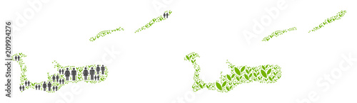 People population and flora Cayman Islands map. Vector concept of Cayman Islands map organized of randomized men and woman and plant elements in different sizes.