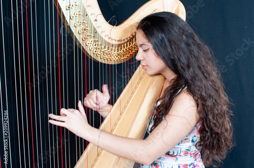Close-up of a beautiful girl with long brown hair playing the harp. Detail of a woman playing the harp