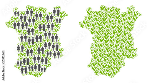 People population and environment Chechnya map. Vector abstraction of Chechnya map composed of randomized person and plantation items in various sizes.