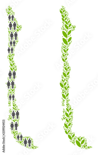 People population and eco Chile map. Vector pattern of Chile map combined of random male and female and flora items in various sizes. Abstract social plan of nation group cartography.