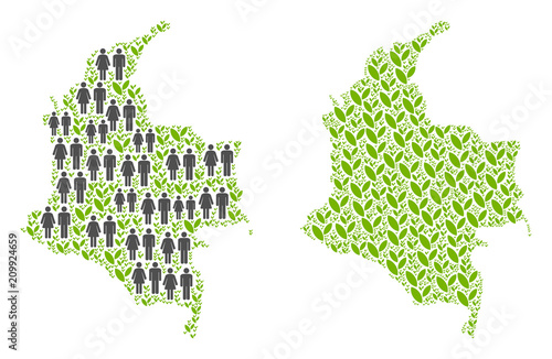 People population and floral Colombia map. Vector collage of Colombia map composed of random human and blossom elements in variable sizes. Abstract social presentation of national public cartography.