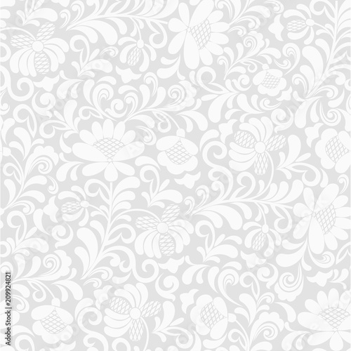 Seamless grey background with white floral pattern. Vector retro illustration. Ideal for printing on fabric or paper for wallpapers, textile, wrapping.