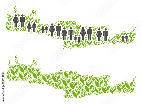People population and flora plants Crete Island map. Vector collage of Crete Island map done of random gender and blossom items in variable sizes.