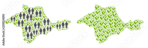 People population and environment Crimea map. Vector concept of Crimea map composed of random male and female and plantation elements in various sizes.