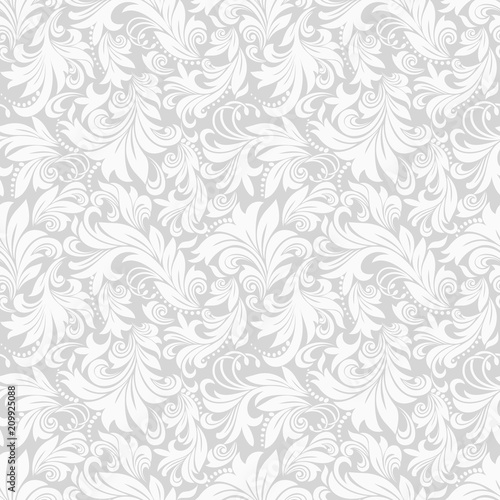 Seamless grey background with white pattern in baroque style. Vector retro illustration. Ideal for printing on fabric or paper.