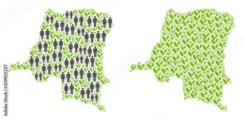 People population and ecology Democratic Republic of the Congo map. Vector composition of Democratic Republic of the Congo map made of random man and woman and plantation elements in various sizes.