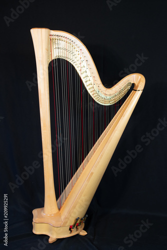 Valokuvatapetti Harp musical instrument, isolated on a black background, vertically with copy sp