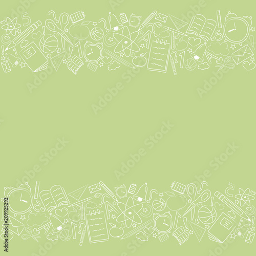 School background with funny accessories and copyspace. Vector.